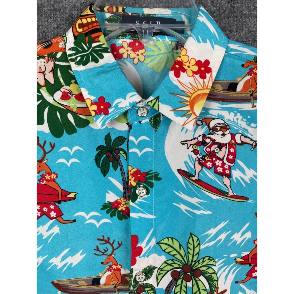 SSLR‎ Button Down Shirt Mens S Blue Excellent Surfing Santa Christmas Tropical - Picture 6 of 12
